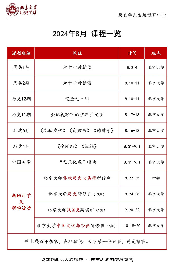 北京大学历史系国学系列课程8月课程安排